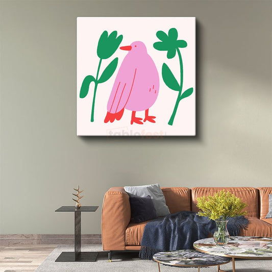 Pembe Kuş - Stilize Flora Fauna İllüstrasyon Kanvas Tablo
