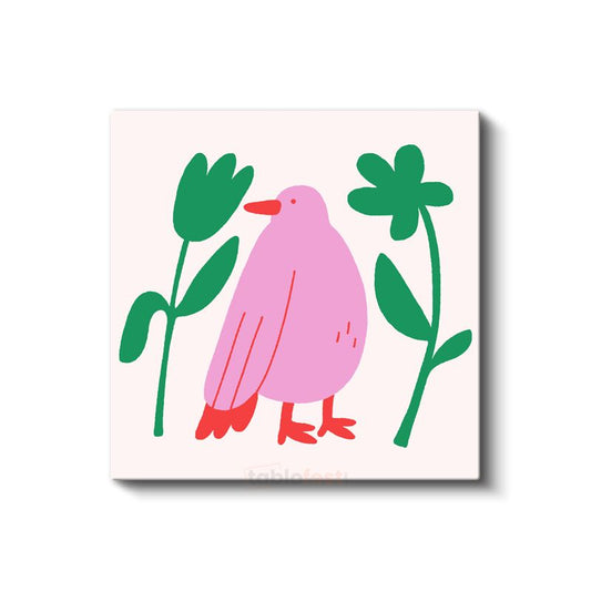 Pembe Kuş - Stilize Flora Fauna İllüstrasyon Kanvas Tablo