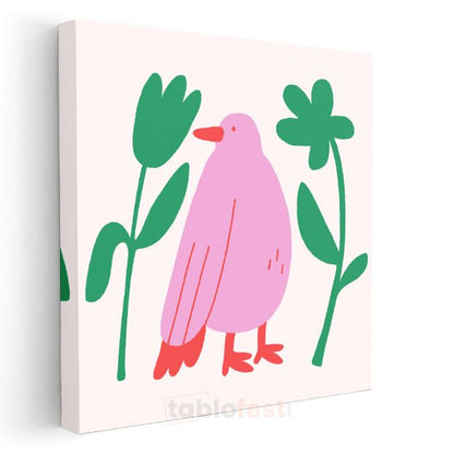 Pembe Kuş - Stilize Flora Fauna İllüstrasyon Kanvas Tablo