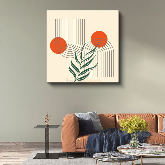Geometrik Harmoni - Turuncu Daireler ve Yeşil Yaprak Motifli Minimalist Kanvas Tablo