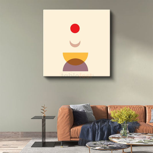 Geometrik Denge - Minimalist Kırmızı Daire ve Yarım Formlar Kanvas Tablo
