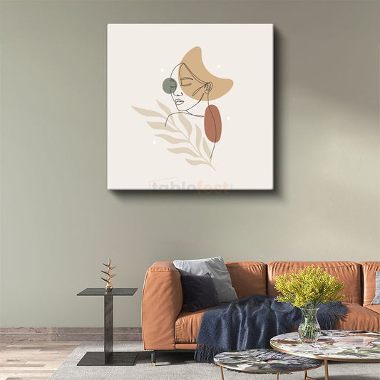Minimalist Çizgi Portre - Pastel Tonlarda Geometrik Detaylı Kanvas Tablo
