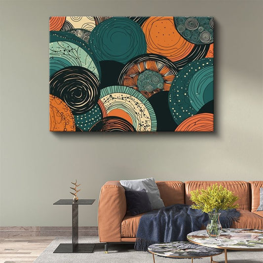 Spiral Dalgalar - Turuncu ve Yeşil Tonlarda Geometrik Desenli Kanvas Tablo