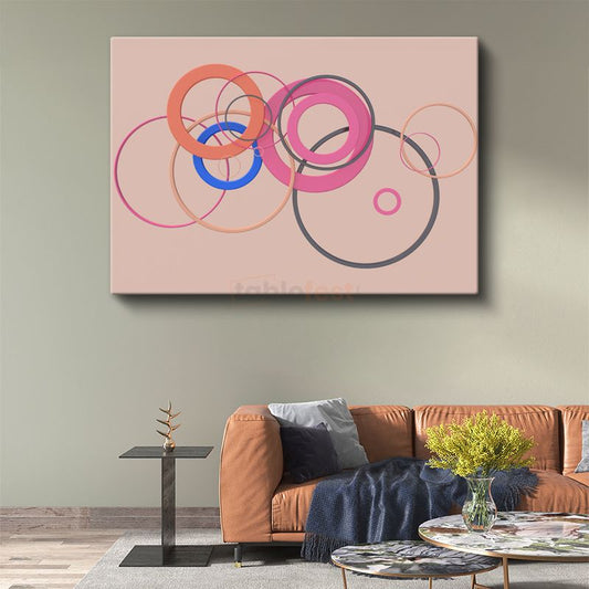 Minimalist Halkalar - Pembe ve Mavi Tonlarda Geometrik Daire Kompozisyonu Kanvas Tablo