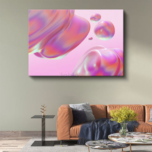 Holografik Küreler - Pembe Zeminde İridescent Kabarcıklar Kanvas Tablo
