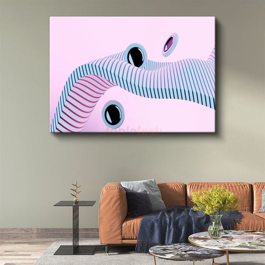 Geometrik Dalgalar - Pembe Zemin Üzerinde Mavi Çizgili Minimalist Kanvas Tablo