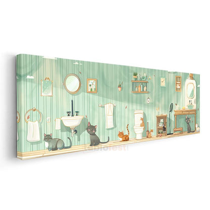 Kedi Dostları - Yeşil Banyo Eğlenceli İllüstrasyon Kanvas Tablo