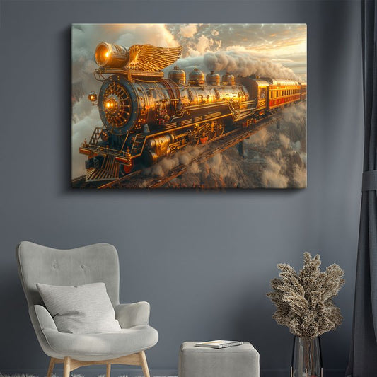 Gökyüzü Treni - Bulutlar Arasında Süzülen Altın Lokomotif Kanvas Tablo