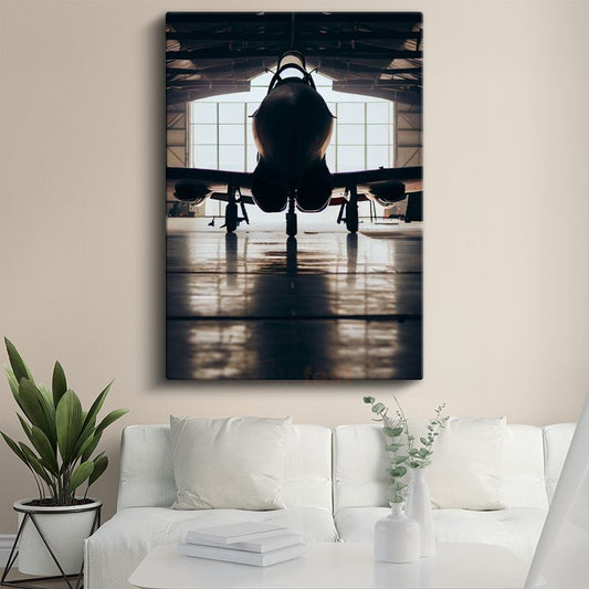 Savaş Uçağı Silueti - Hangar İçinde Askeri Jet Kanvas Tablo