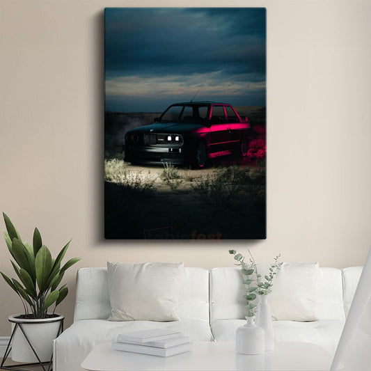 BMW E30 - Neon Işıklı Klasik Sedan Kanvas Tablo