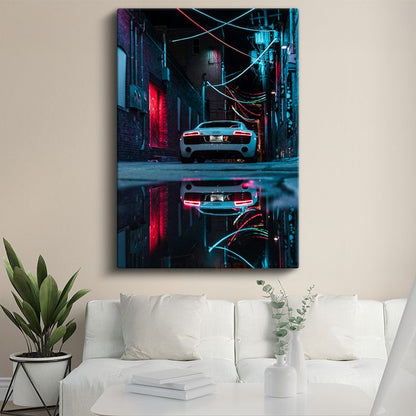 Audi R8 - Gece Sokağında Neon Işıkları Altında Lüks Spor Otomobil Kanvas Tablo