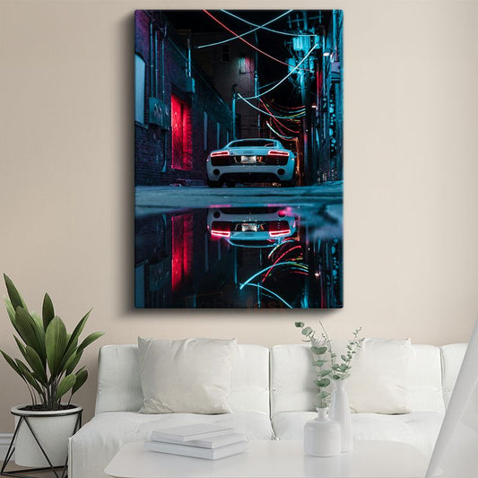 Audi R8 - Gece Sokağında Neon Işıkları Altında Lüks Spor Otomobil Kanvas Tablo