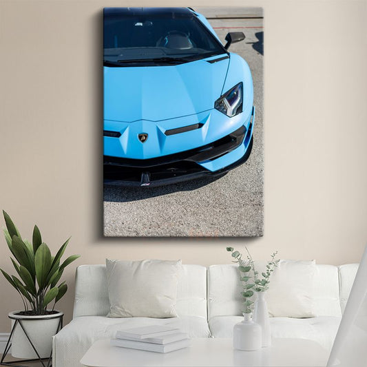 Lamborghini Aventador - Mavi Süper Spor Otomobil Ön Tasarım Kanvas Tablo