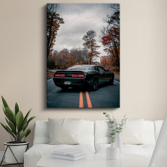 Dodge Challenger - Sonbahar Yolunda Siyah Amerikan Kas Arabası Kanvas Tablo