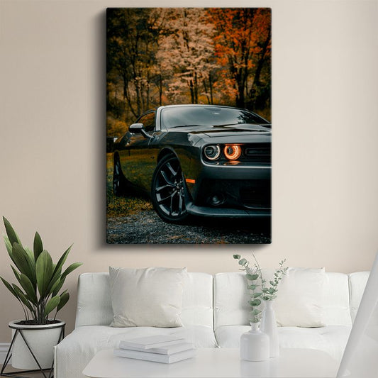 Dodge Challenger - Sonbahar Manzarasında Amerikan Kas Arabası Kanvas Tablo