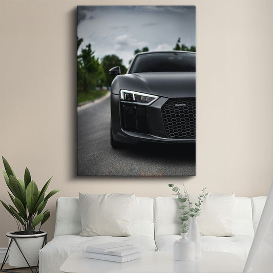 Audi R8 - Mat Siyah Spor Otomobil Ön Tasarım Kanvas Tablo
