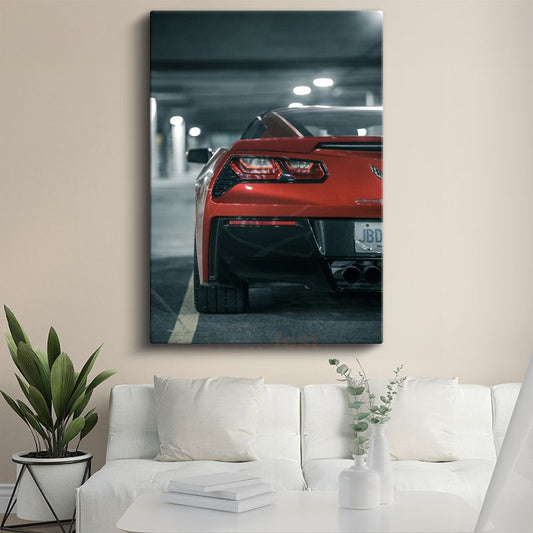 Chevrolet Corvette - Kırmızı Spor Otomobil Arka Görünüm Kanvas Tablo