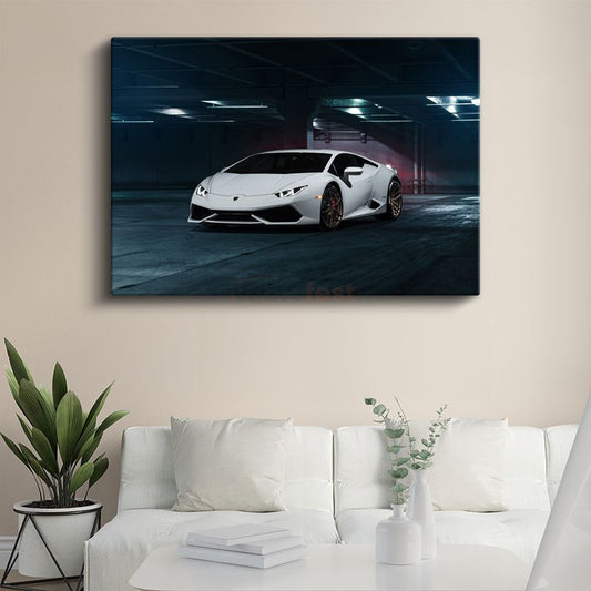 Lamborghini Huracan - Beyaz Süper Otomobil Garaj Kanvas Tablo
