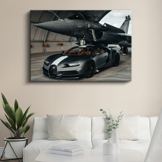 Bugatti Chiron Sport - Savaş Uçağı Yanında Mat Gri Hipercar Kanvas Tablo