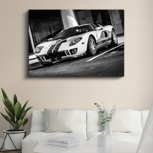 Ford GT - Siyah Beyaz Çizgili Amerikan Spor Otomobili Kanvas Tablo