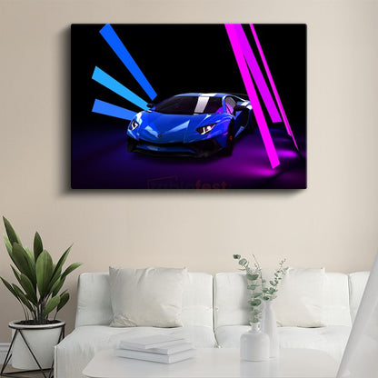 Lamborghini Aventador - Neon Işıklar Altında Mavi Süper Spor Kanvas Tablo