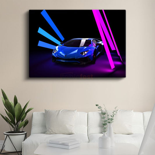 Lamborghini Aventador - Neon Işıklar Altında Mavi Süper Spor Kanvas Tablo