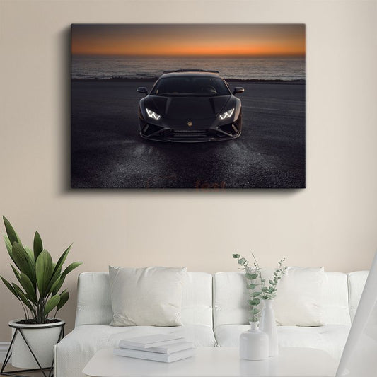 Lamborghini Huracan - Gün Batımında Siyah İtalyan Süper Otomobil Kanvas Tablo