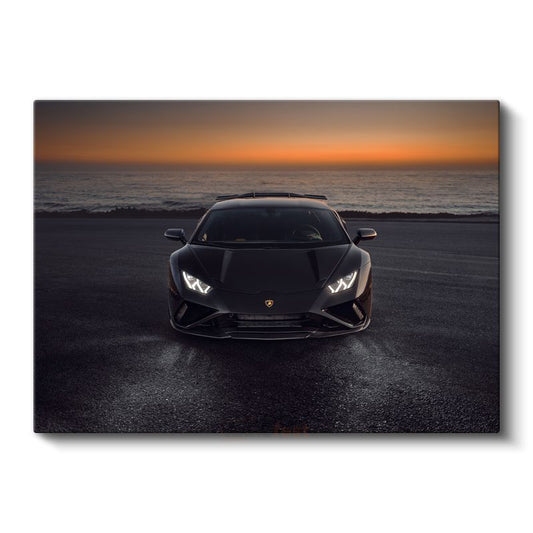 Lamborghini Huracan - Gün Batımında Siyah İtalyan Süper Otomobil Kanvas Tablo
