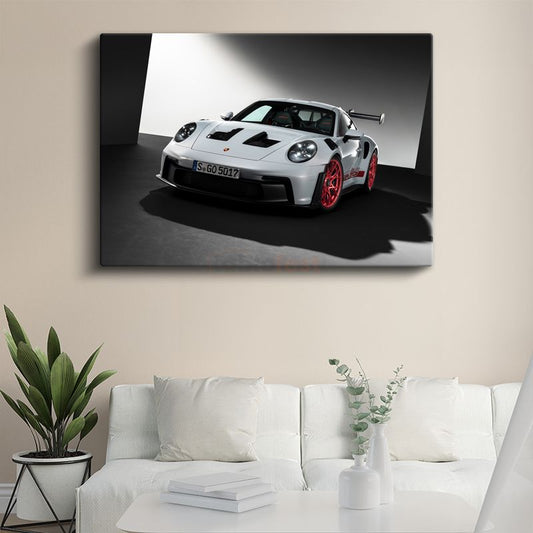 Porsche 911 GT3 RS - Beyaz Yarış Otomobili Kırmızı Jantlar Kanvas Tablo