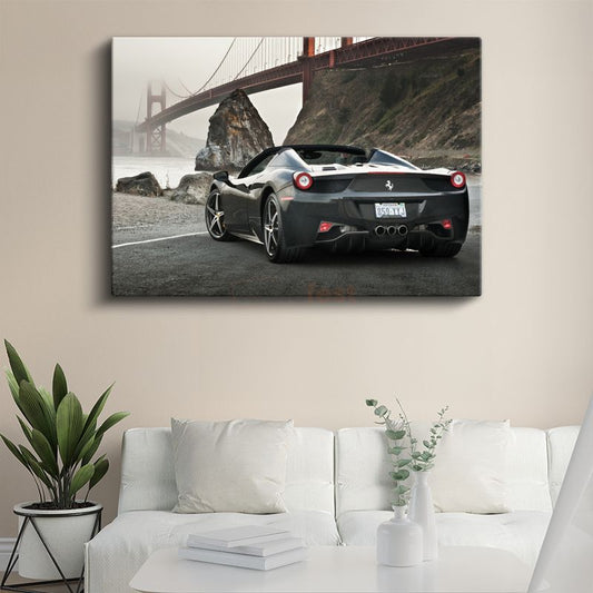 Ferrari 458 Spider - Golden Gate Köprüsü Manzaralı Siyah İtalyan Kanvas Tablo