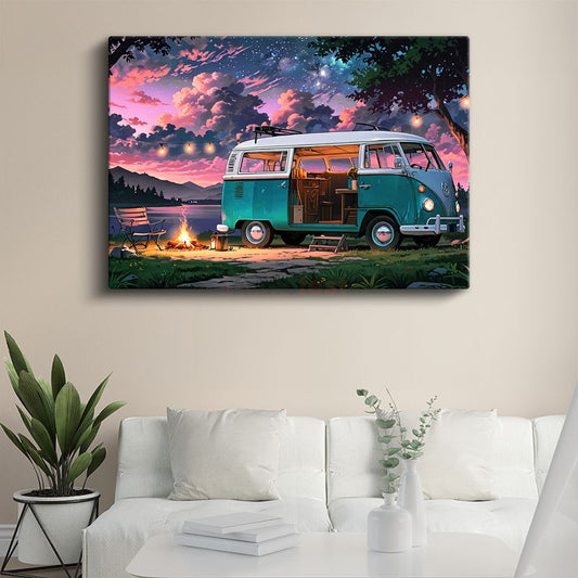 Volkswagen T1 - Turkuaz Kamp Minibüsü Gün Batımı Kanvas Tablo