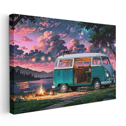 Volkswagen T1 - Turkuaz Kamp Minibüsü Gün Batımı Kanvas Tablo