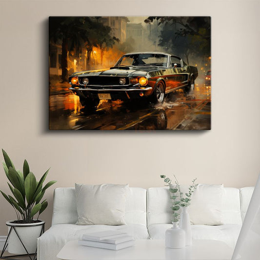 Ford Mustang Fastback - Yağmurlu Gece Şehir Kanvas Tablo