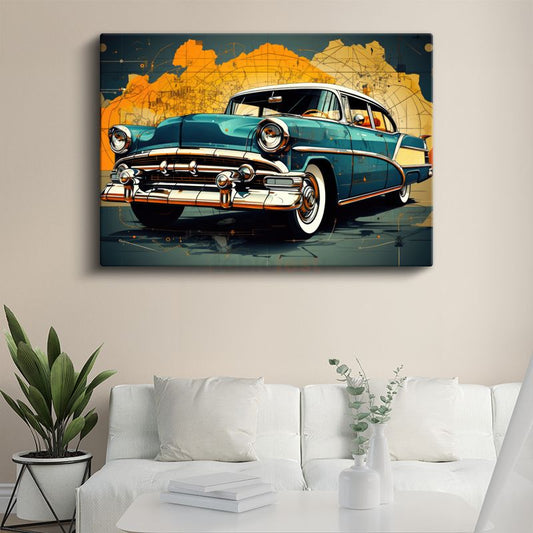 Klasik Amerikan Arabası - Retro Turkuaz Cadillac Sanat Eseri Kanvas Tablo