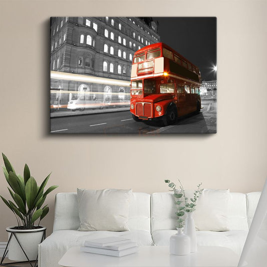 Londra Routemaster - Gece Işıklarında Kırmızı Çift Katlı Otobüs Kanvas Tablo