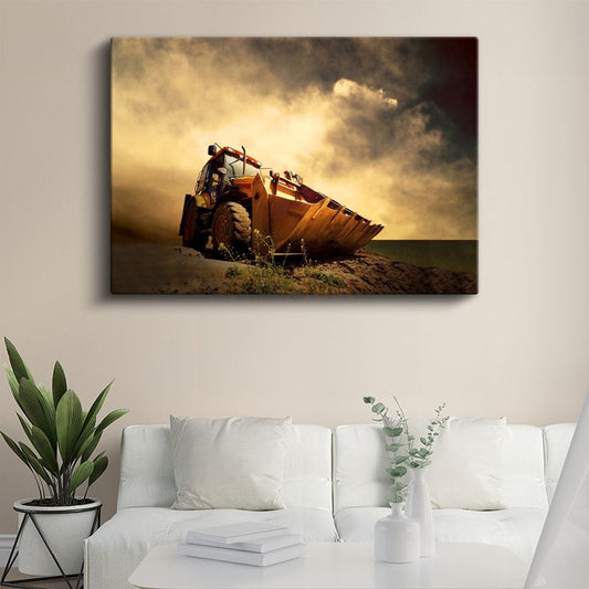 Caterpillar Kepçe - Gün Batımında İş Makinesi Kanvas Tablo