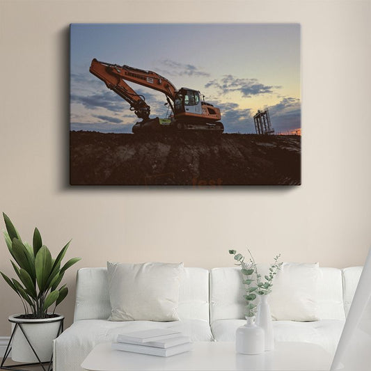 Doosan Ekskavatör - Gün Batımında Çalışan İş Makinesi Kanvas Tablo