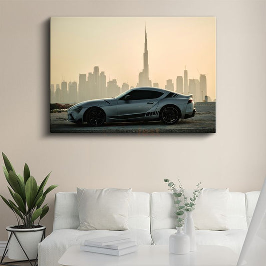 Toyota Supra - Dubai Silueti Önünde Modern Spor Araba Kanvas Tablo
