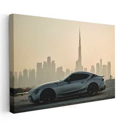 Toyota Supra - Dubai Silueti Önünde Modern Spor Araba Kanvas Tablo