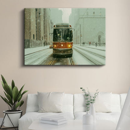 Tramvay - Karlı Şehir Merkezinde Nostaljik Ulaşım Kanvas Tablo