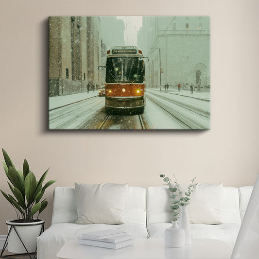 Tramvay - Karlı Şehir Merkezinde Nostaljik Ulaşım Kanvas Tablo
