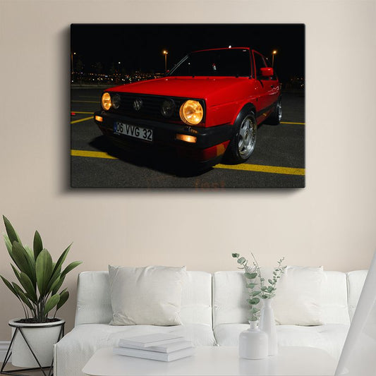 Volkswagen Golf - Kırmızı Klasik Alman Hatchback Kanvas Tablo