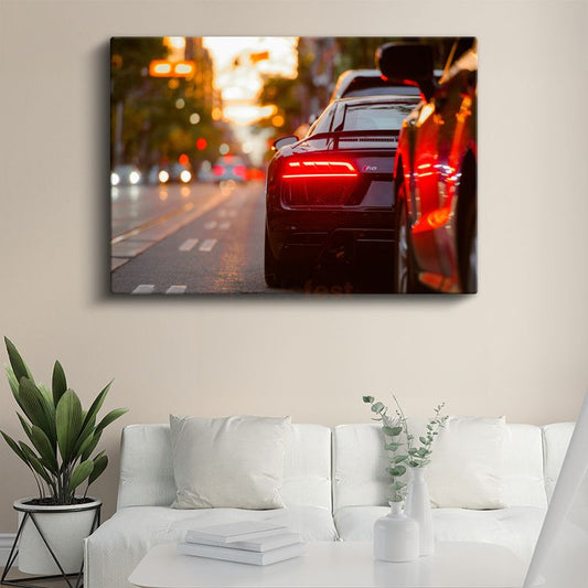 Audi R8 Gece Görünümü - Şehir Işıklarında Parlayan Süper Otomobil Kanvas Tablo