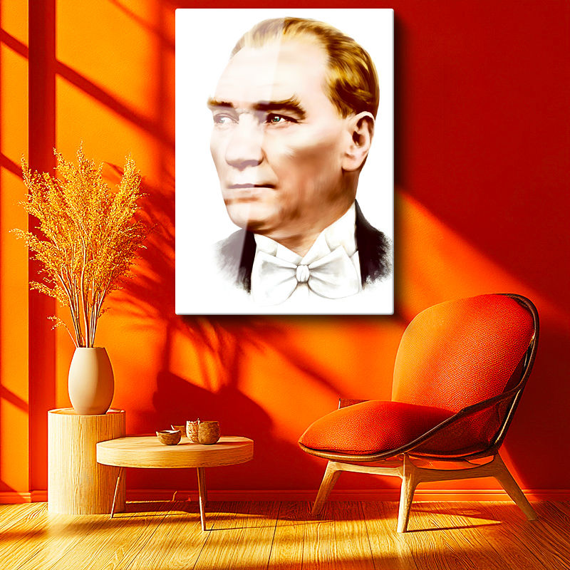 Tamperli Gerçek Cam Tablo Atatürk Papyonlu Çizim Atatürk Tablosu Duvar Dekoru