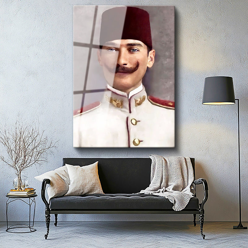 Tamperli Gerçek Cam Tablo Atatürk Fesli Gençlik Atatürk Tablosu Duvar Dekoru
