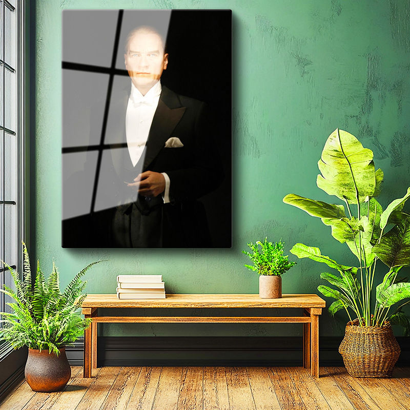 Tamperli Gerçek Cam Tablo Atatürk Siyah Smokin Atatürk Tablosu Duvar Dekoru