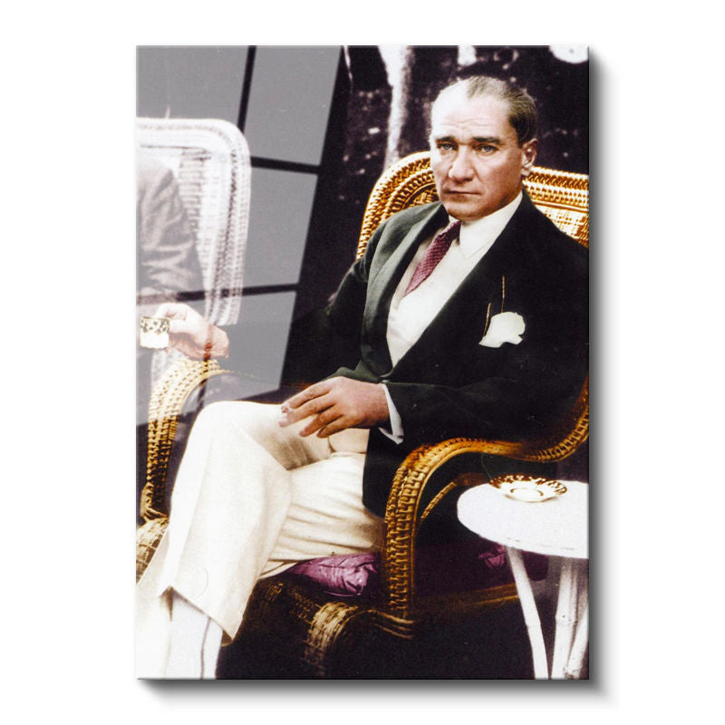 Tamperli Gerçek Cam Tablo Atatürk Hasır Koltuk Atatürk Tablosu Duvar Dekoru