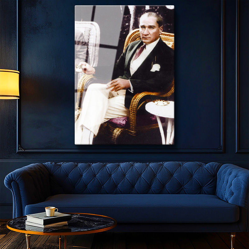 Tamperli Gerçek Cam Tablo Atatürk Hasır Koltuk Atatürk Tablosu Duvar Dekoru