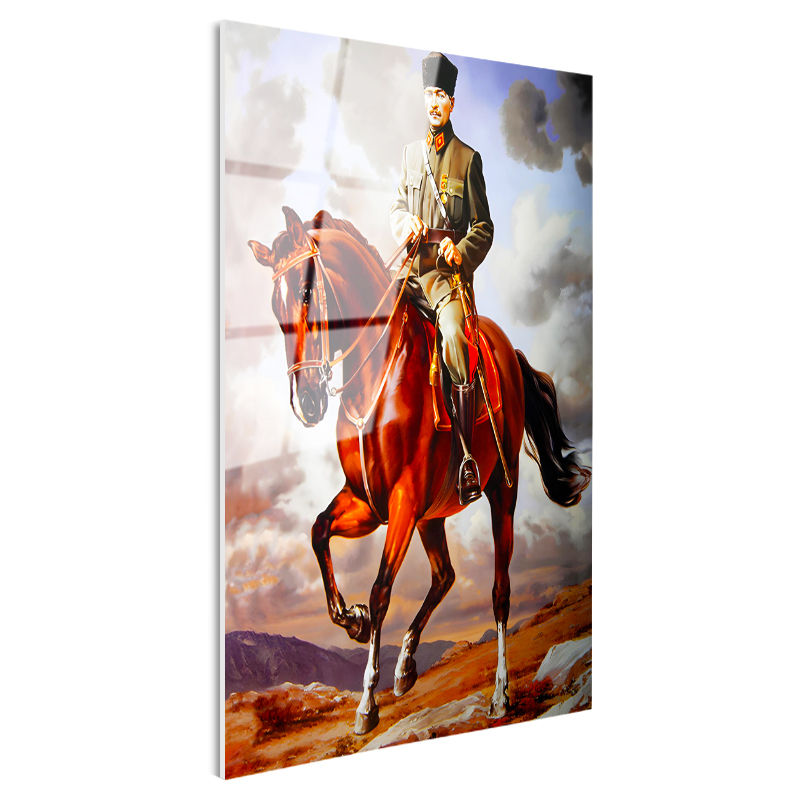 Tamperli Gerçek Cam Tablo Atatürk At Üzerinde Üniforma Atatürk Tablosu Duvar Dekoru