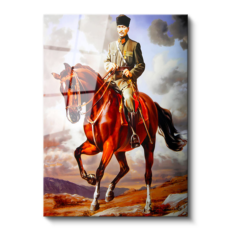 Tamperli Gerçek Cam Tablo Atatürk At Üzerinde Üniforma Atatürk Tablosu Duvar Dekoru